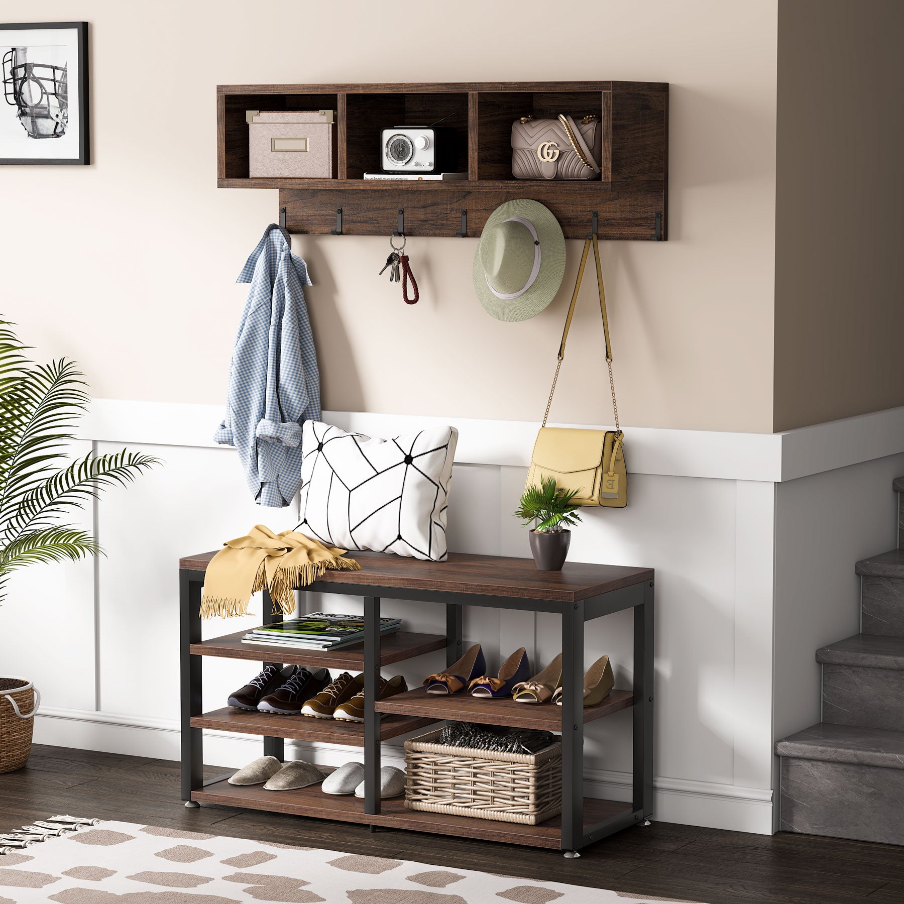 Industrial Coat Rack Shoe Bench Set